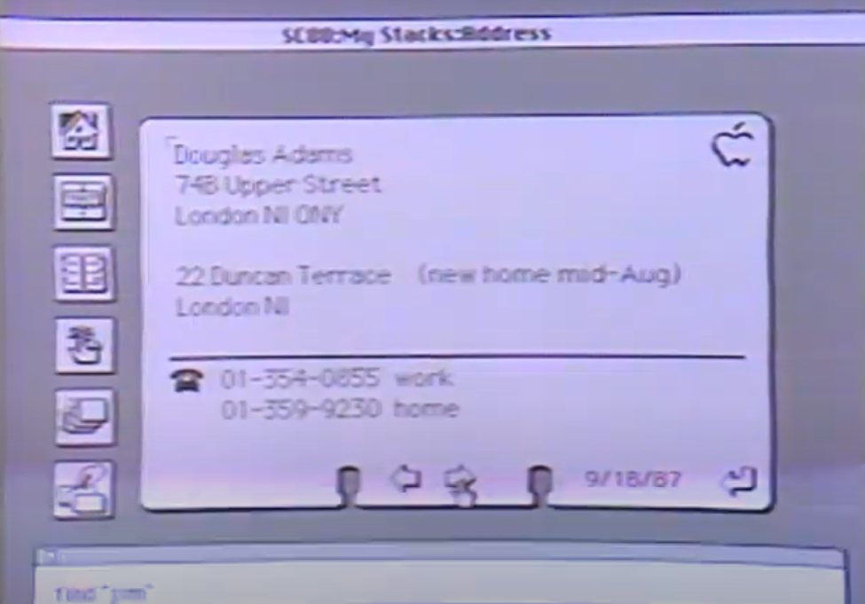 Image of the address book showing Douglas Adams his information.